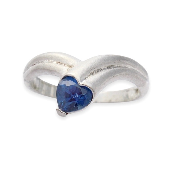 Estate Sterling Silver Blue Rhinestone Heart Ring Size 5 Bypass Style - Picture 2 of 4